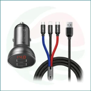 Baseus Car Charger Suit | Dual USB 4.8A | Digital Display | 3‑in‑1 Cable