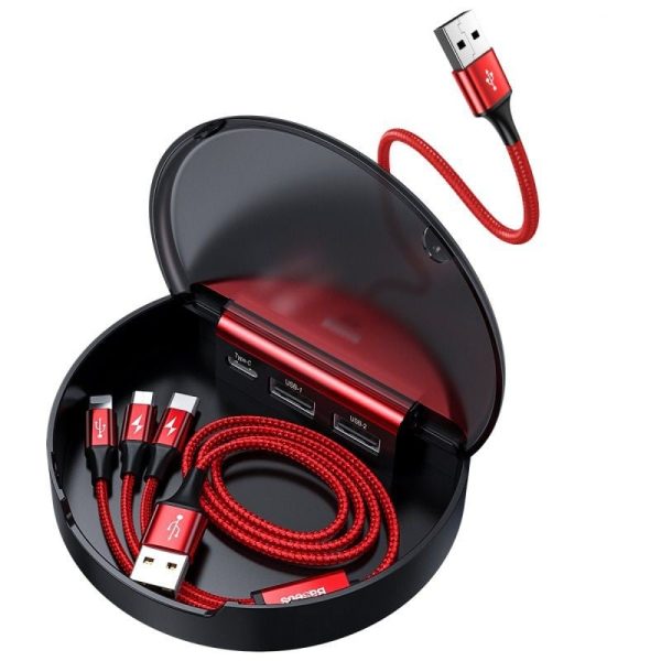 Baseus Car Sharing Charging Station(Type-C+Dual USB with Three-in-one M+L+T Data Cable)Red|Pouch packing