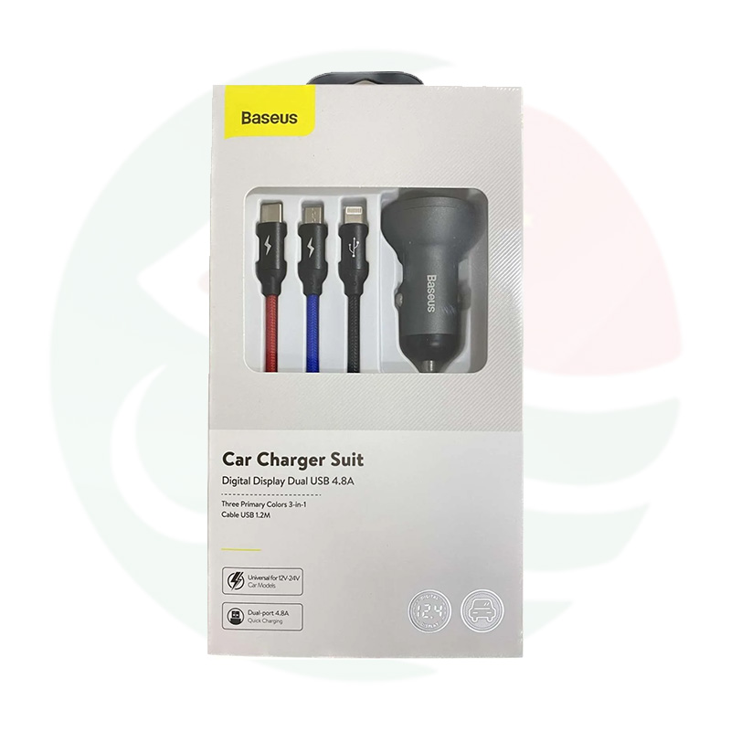 Baseus Car Charger Suit Digital Display Dual USB 4.8A with 3in1 Cable - Image 3