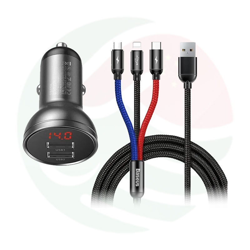 Baseus Car Charger Suit Digital Display Dual USB 4.8A with 3in1 Cable