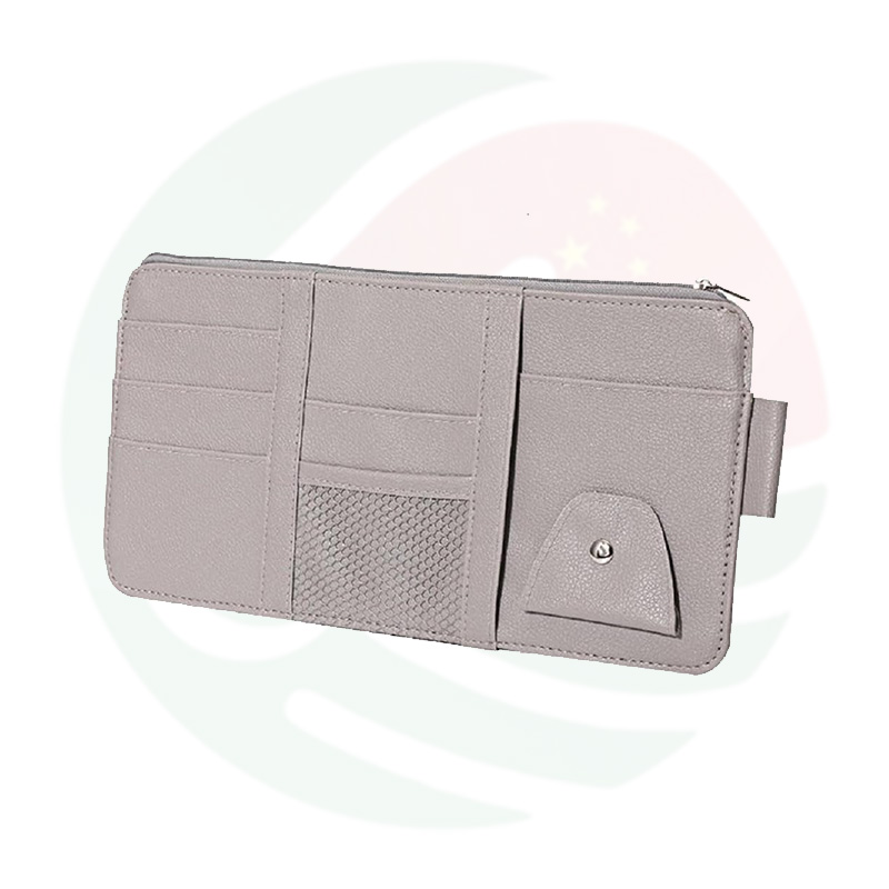 Leather Car Sun Visor Organizer with Net & Zipper (grey) - Image 3