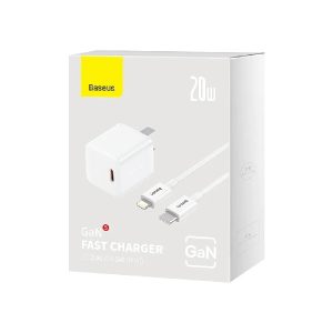 Baseus GaN5 Fast Charger Adapter 1C 20W CN Plug Wall Charger- with Type-C-to-iPhone Cable
