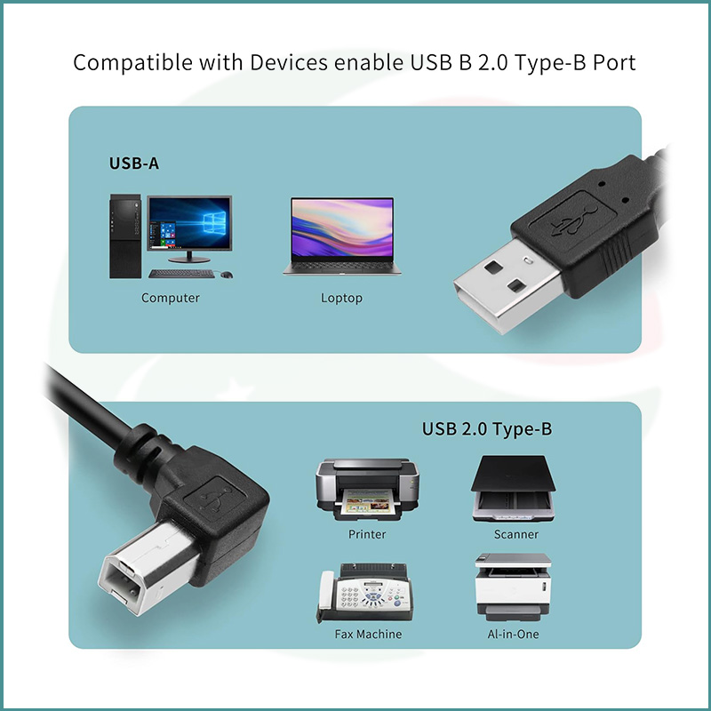 USB A Male To USB B 2.0 Male 90° Left Angle Printer Cable | 1.8m - Image 4