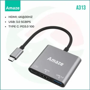 AMAZE A313 | 3-in-1 Type-C Hub Adapter | 4K HDMI | USB 3.0 | 100W PD Charging | Compact Design
