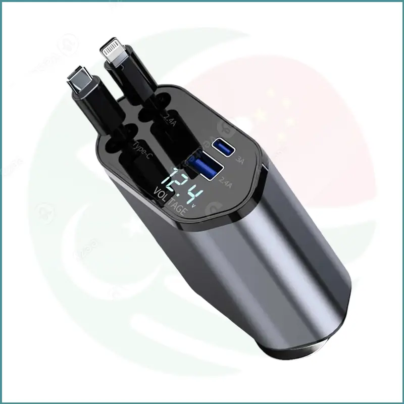 120W 4‑in‑1 Retractable Fast Car Charger | Dual Cables + USB‑A + USB‑C | Compact Design