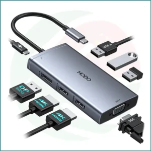 HODO Type‑C Docking Station | 8‑in‑1 Dual Monitor Hub | 2 HDMI, DP, VGA, PD 100W, 3 USB Ports