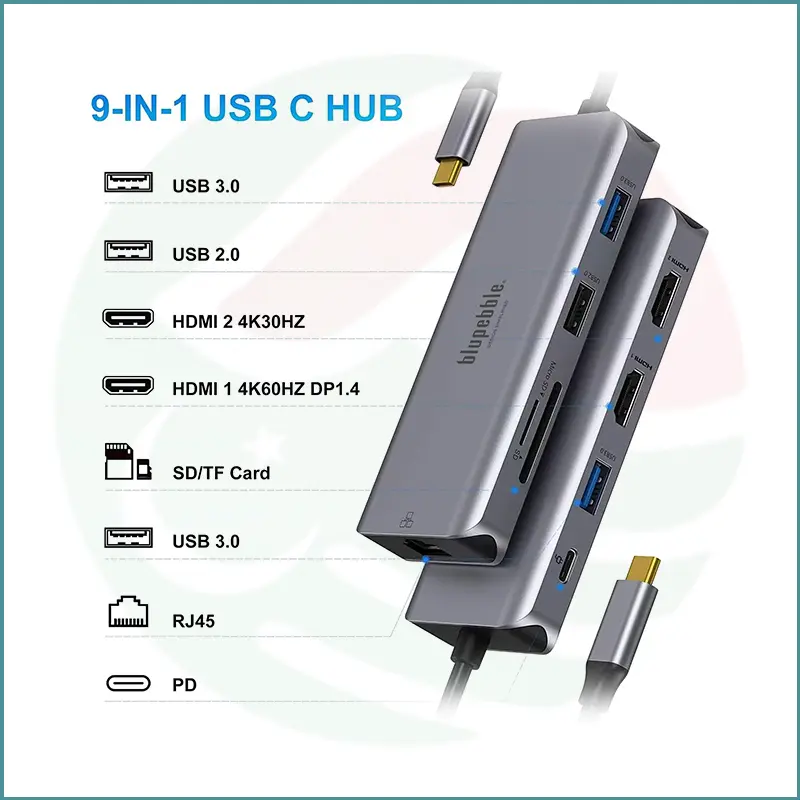 blupebble 9‑in‑1 USB‑C Hub | Dual HDMI 4K@60Hz | PD Charging | Ethernet | SD/TF - Image 5